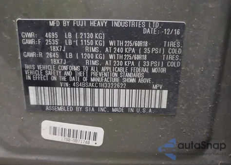 2017 Subaru Outback 2.5I Limited z USA, uszkodzony, nr VIN 4S4BSAKC1H3322622